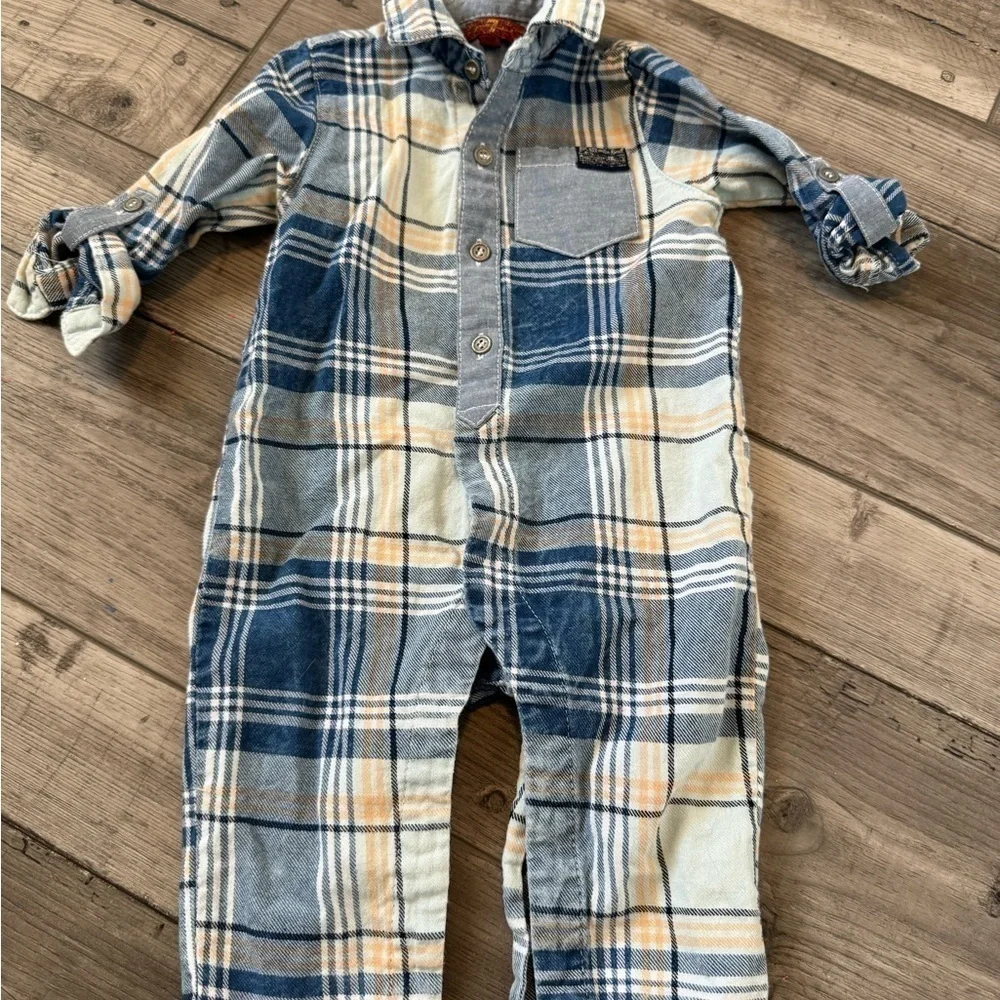 7 for All Mankind Baby Romper Shortie One Piece 3/6 Months Blue Plaid Collar